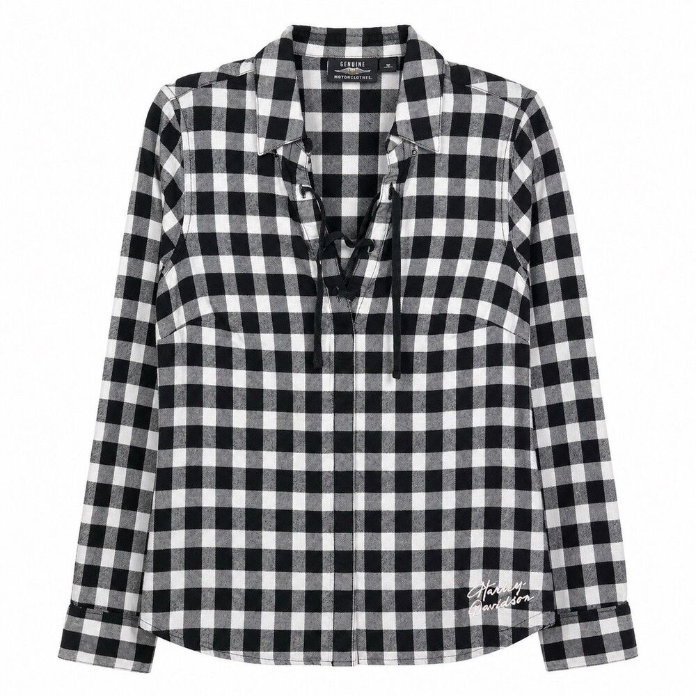 Harley Davison Popover Women’s Large Black White Plaid Long Sleeve Shirt Biker